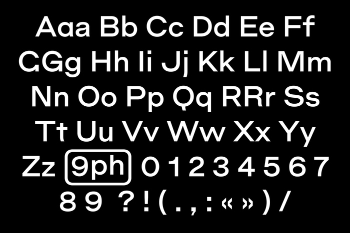 Glyph set of the custom typeface, with alternates for a G R.