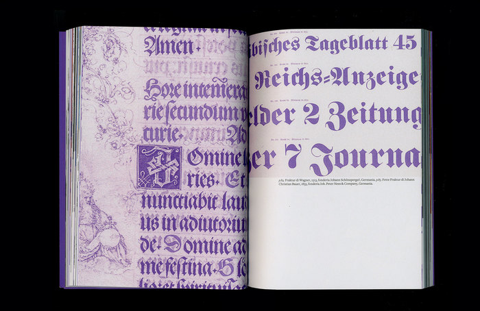 Left: A detail from the prayer book for Emperor Maximilian I, printed in early Fraktur type by Johann Schönsperger (Augsburg, 1513). Right: Detail from a type specimen by Johann Peter Nees & Co., showing Johann Christian Bauer’s  (1855).