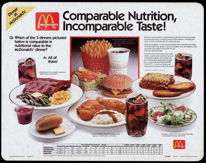 “Comparable Nutrition, Incomparable Taste!” McDonald’s placemat