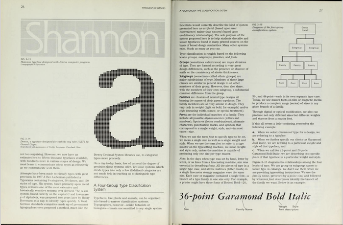 Spread from Chapter 3, Typographic Images. The Fundamental Graphics Tools. The figures on the left show , a typeface designed by Janice Fishman and Kris Holmes at Compugraphic, using the Ikarus program, and the letter a from , a typeface designed by Gerard Unger for cathode ray tube (CRT) typesetting on the Hell Digiset composing machine.