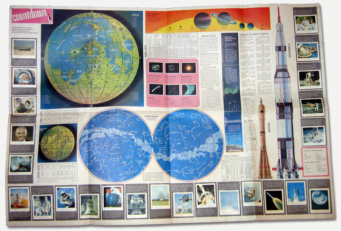 “The free gift in issue one was a fantastic ‘Giant Spacefact Wallchart’ with the first set of stickers to adorn the edges of the chart. (Other stickers would be given free in following issues, thus hooking the reader into continuing with the comic.)” — Lew Stringer