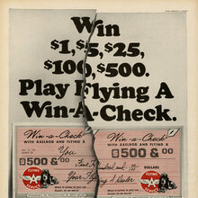 “Win $1, $5, $25, $100, $500. Play Flying A Win-A-Check.” ad (1966)