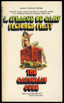 <cite>The Carnelian Cube</cite> by L. Sprague De Camp and Fletcher Pratt (Lancer Books, 1967 and 1969)