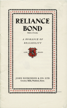 <cite>Reliance Bond – A Romance of Reliability, </cite>John Dickinson &amp; Co. Ltd brochure