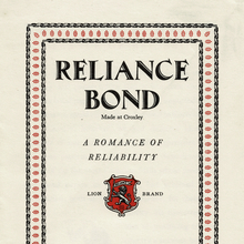 <cite>Reliance Bond – A Romance of Reliability, </cite>John Dickinson &amp; Co. Ltd brochure
