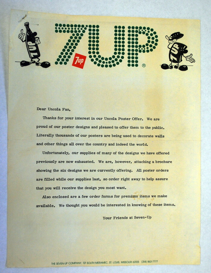 7 Up letterhead with response to a request for the 1977&nbsp;&ldquo;Uncola Poster Offer&rdquo;&nbsp;featuring designs from prominent artists like John Alcorn, Pat Dypold, Kim Whitesides, Milton Glaser, and Charles White, III.