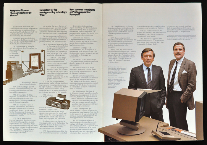 Spread from the Scangraphic 1985 image brochure. The photo on the right shows Knut Schmiedel (CEO, left) and Bernd Holthusen (managing director, right) of Scangraphic Dr. Böger. Bernd Holthusen had originally started working at the company while studying industrial design. Dr. Marius Böger soon recognized his artistical and technical talents and Bernd Holthusen became the designer and the driving force behind the major technical devolpments of the company on the field of phototypesetting.