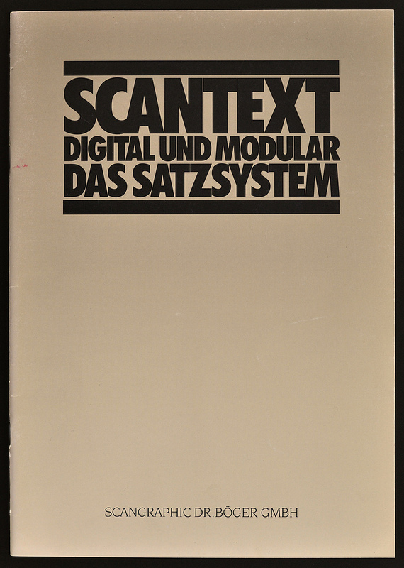 Scangraphic system brochure from 1985 showing the complete Scantext 1000 digital typesetting system. Design probably by Bernd Holthusen, see comments.