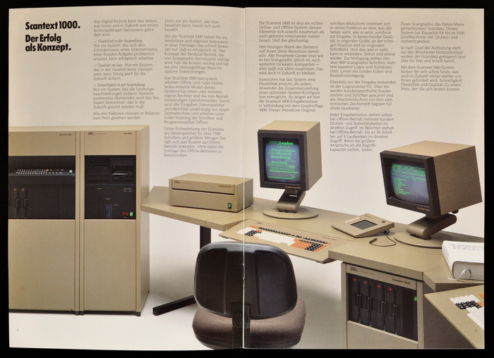 On the left the Scantext 1000 CRT film recorder and Scandata data management system with a total maximum disk capacity of 156 Mb. The Scantext 1000 input on the right is equipped with 4 8-Inch floppy disk drives.