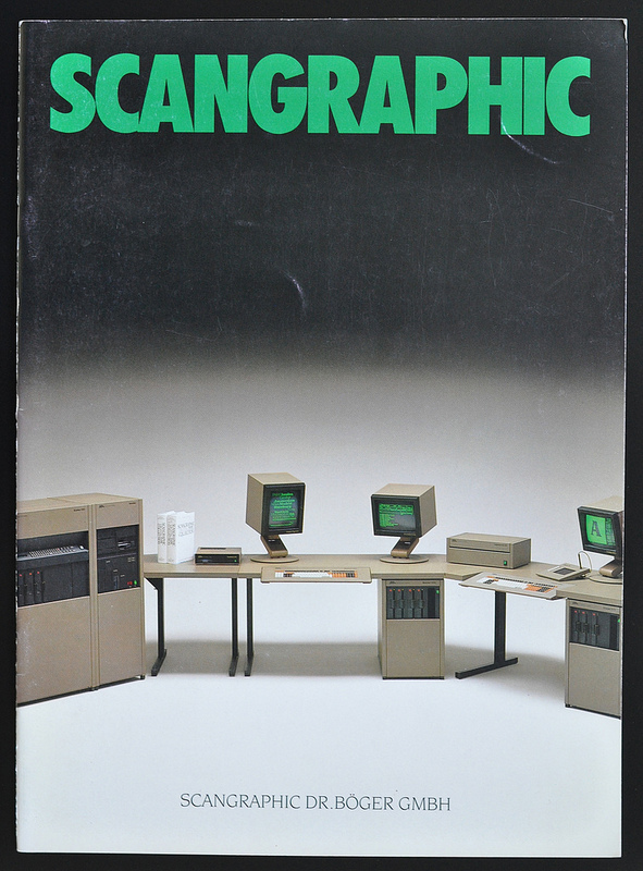 Cover of the Scangraphic 1985 image brochure showing the Scantext 1000 digital typesetting system. Design probably by Bernd Holthusen, see comments.