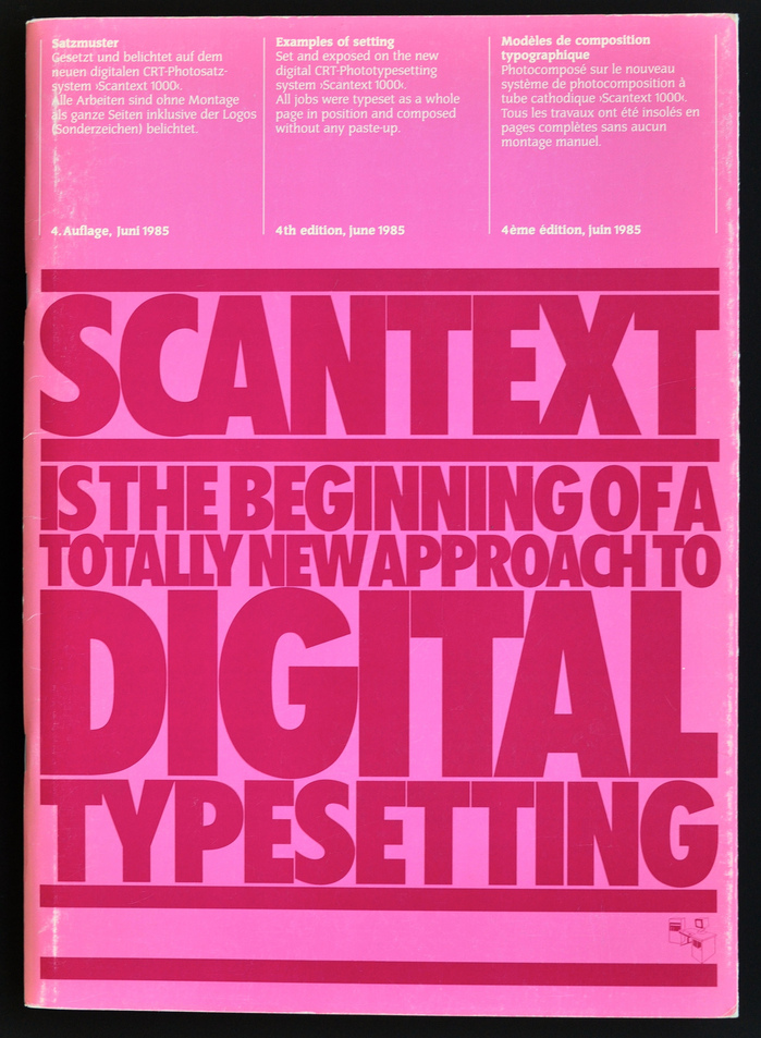 Cover of brochure showing typesetting specimen composed on a Scantext 1000 system. The film output was made on a Scantext 1000 CRT film recorder.&nbsp;The cover and some of the typesetting specimen were designed by Erik Spiekermann.