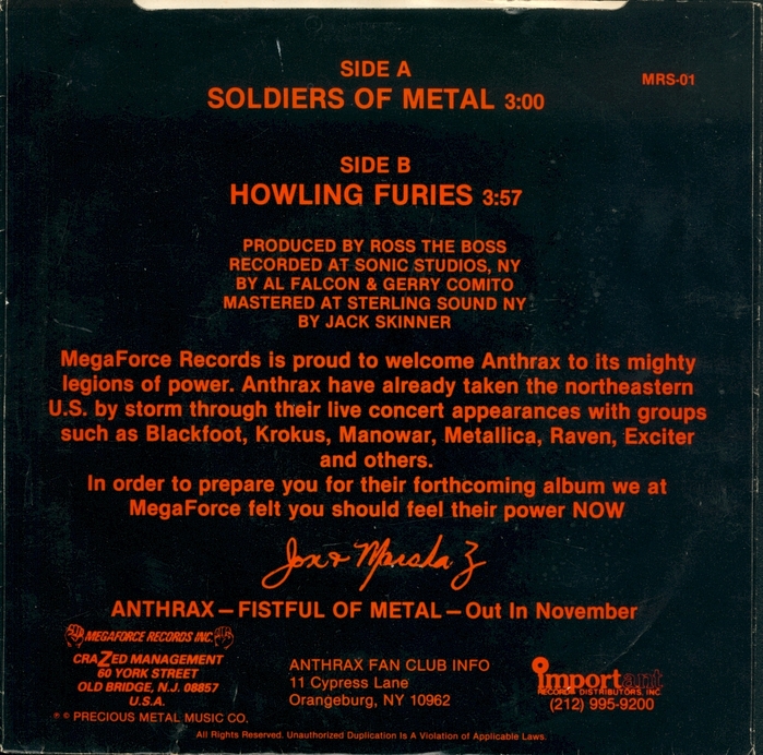 Anthrax – “Soldiers Of Metal” / “Howling Furies” single cover 2