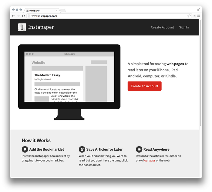 Instapaper website (2013 redesign) 1