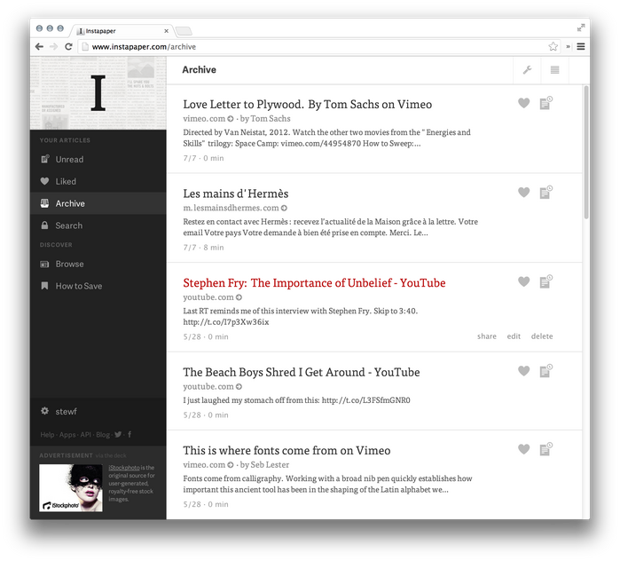 Instapaper website (2013 redesign) 2
