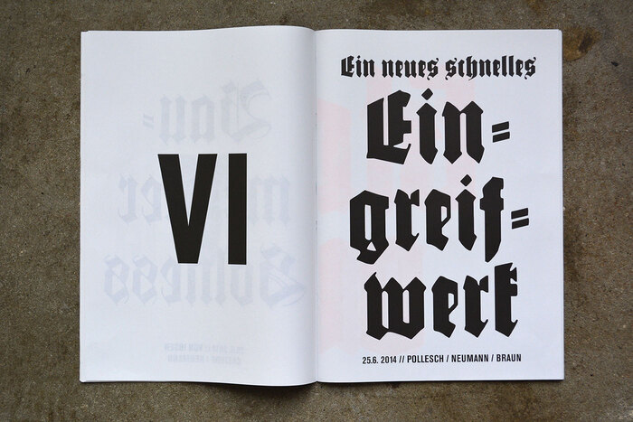 The blackletter hyphen typically is double and slightly angled. When centering lines horizontally, make sure to adjust optically and compensate for hyphens and other punctuation. Of course, this only applies when you’re aiming for fine typography. LSD Design obviously isn’t.