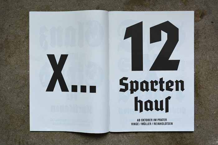 12-Spartenhaus is set in National Fett (1934). The roman numerals on the verso denote the month of the event – this play is staged from October. The numerals as well as the small print is in Akzidenz-Grotesk.