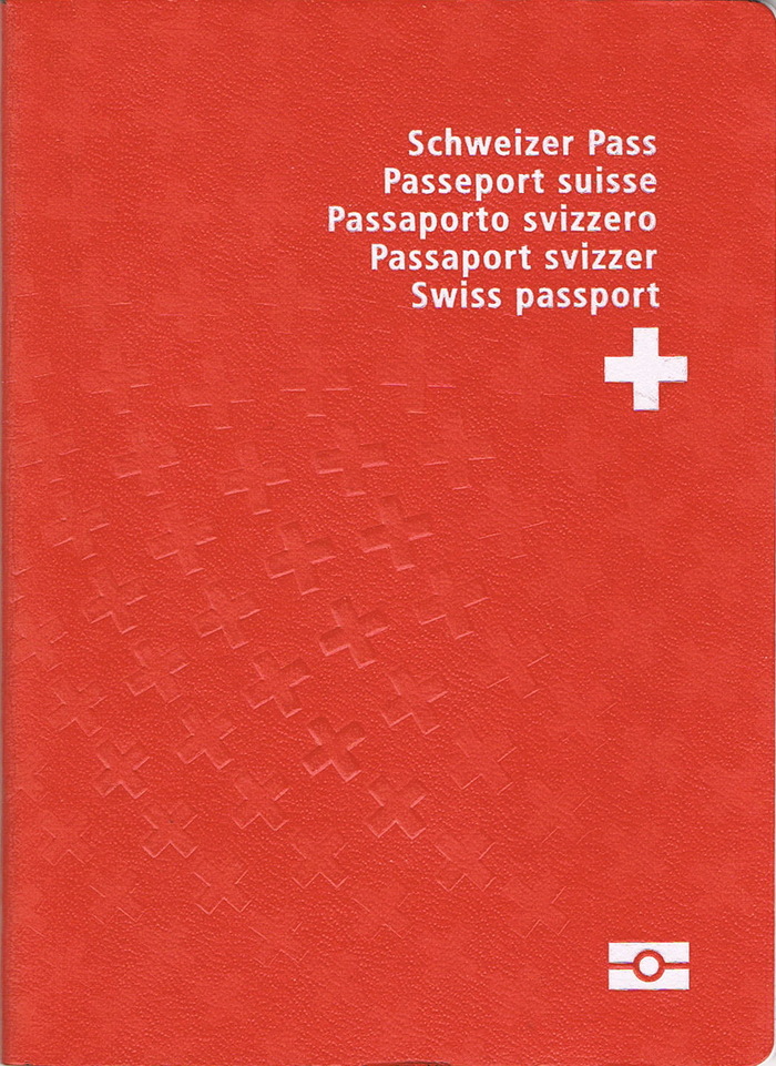 The front cover of a contemporary Swiss biometric passport (2010).