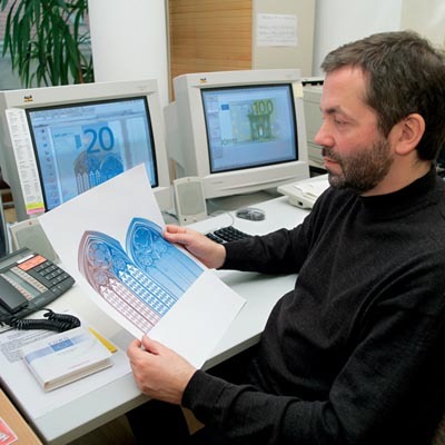 Robert Kalina, designer of the 2002 euro banknotes, at work at the Österreichische Nationalbank in Vienna