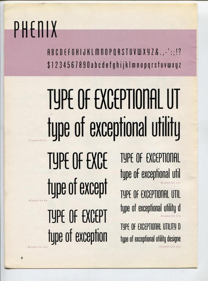 Specimen of Phenix (the name by which it was originally known) from ATF&rsquo;s A Supplement to the Book of American Types, 1941.