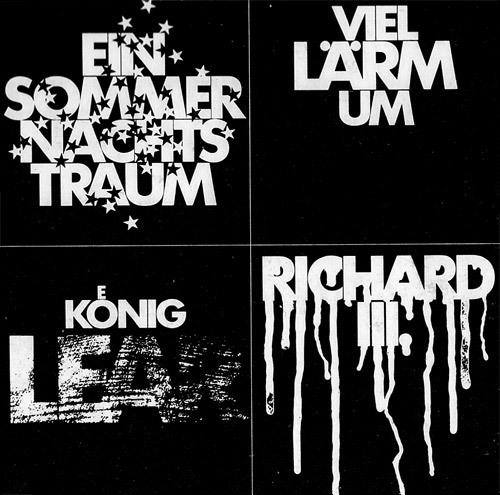 Design: Christof Gassner. German titles of various plays by Shakespeare: A Midsummer Night’s Dream, Much Ado About _, King Lear, Richard III. For more, see Schauspiel im ZDF.