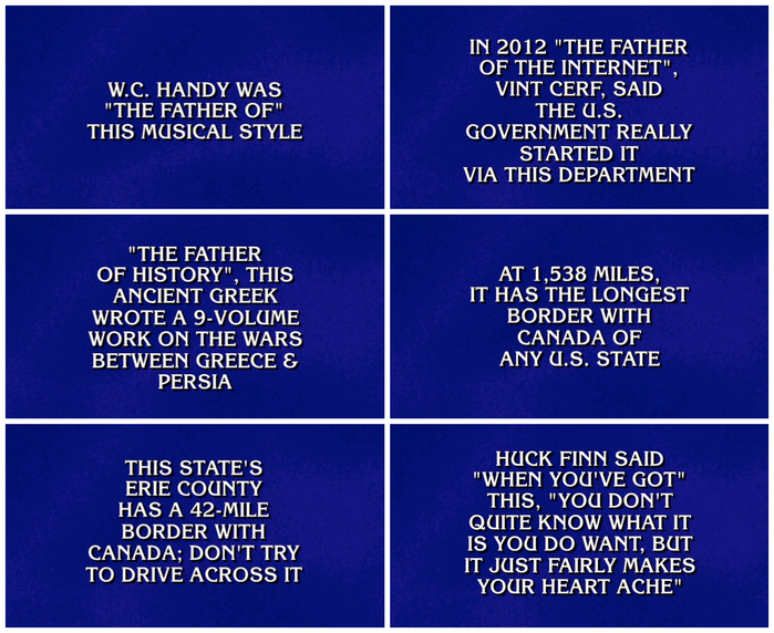 ITC Korinna has been used for clue cards since the beginning of the game show’s syndication run in 1984. If the strange type choice doesn’t distract type nerds from successfully playing Jeopardy! the lack of proper quotes and apostrophes will.