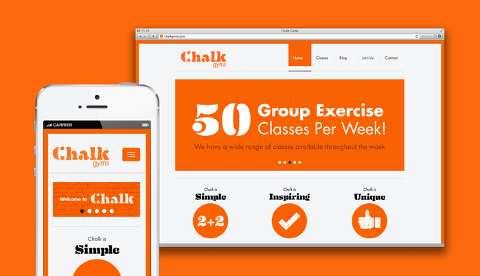 Chalk&rsquo;s respnsive website maintans the strong orange + Eames Century Stencil brand.