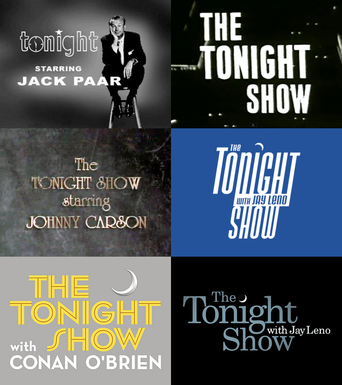 Past Tonight Show logos have been everything from cute to gawky. Each proved to be a sign of design fads and eccentricities of the time period. Carson’s identity changed many times, but it was set in University Roman for nearly a decade. Jay Leno's worst logos often displayed the “dark side” of new digital typographic technologies (squishing and forced italics). Maybe the coolest Tonight Show identity ever, Conan O’Brien's used a modified version of Neutraface No. 2.
