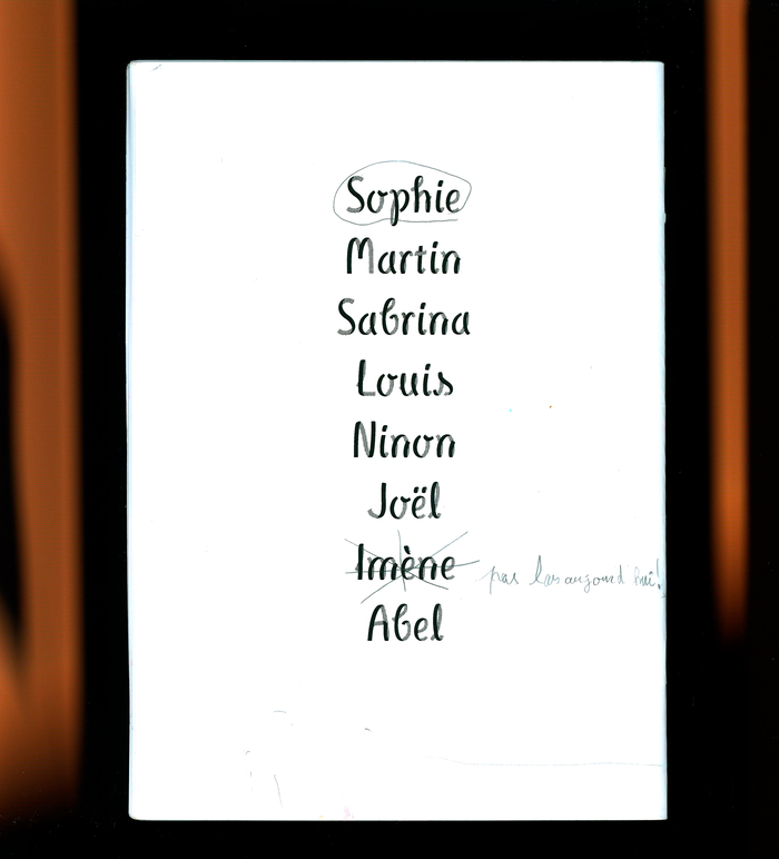 Back: list of participants and order of the booklets.