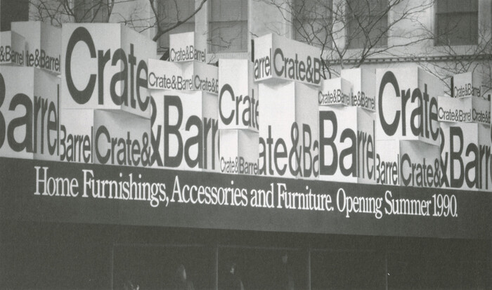 A Crate &amp; Barrel store under construction in Northbrook, Illinois, 1989. The installation was designed by Vignelli alum Alessandro Franchini who was Crate &amp; Barrel’s brand manager from 1988–2013.