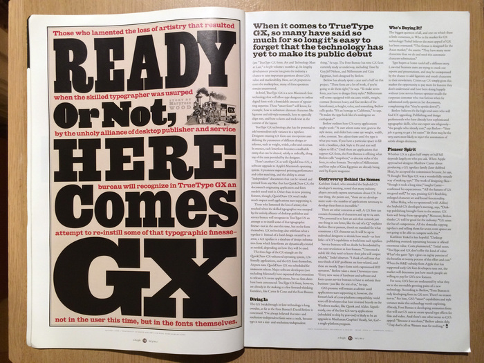 Ready Or Not, Here Comes GX, an article about the TrueType GX font technology by Maryrose Wood.