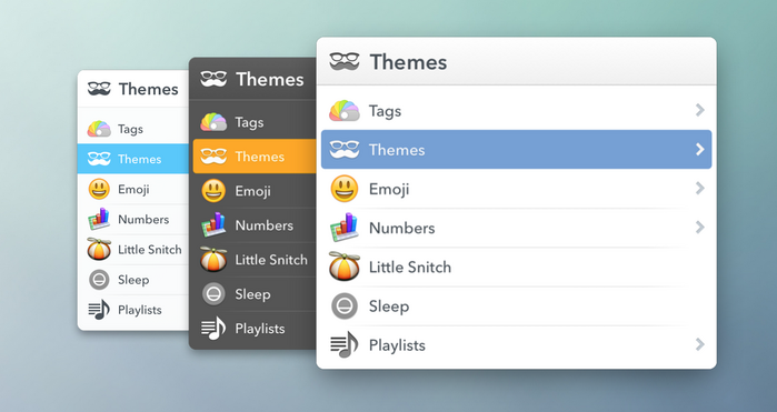 Main LaunchBar interface in its three Avenir-based themes.