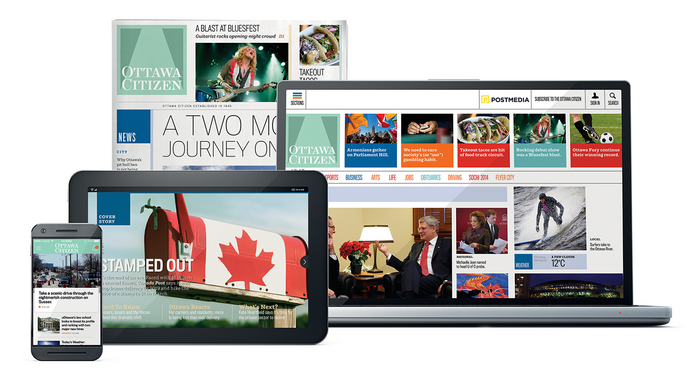 The full product suite for the Ottawa Citizen: iPhone/Android app with local news updates, evening tablet edition, broadsheet print edition, and responsive website.