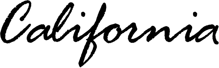 “California” set in the Rage Italic font, without modification. Rage was tamed for the California mark. The typeface’s rough contours were smoothed and letter connections improved (‘al’, ‘li’). The designer also ended the word with a new ‘i’ and swash ‘a’, perhaps stemming from the font’s alternate ‘a’, shown here.