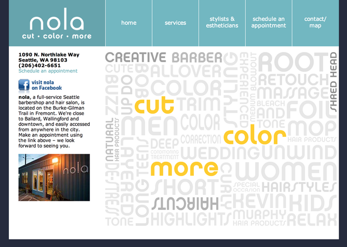 A patchwork of type describes the salon’s services, with custom lettering based on Chalet for “cut, color, more”. Unfortunately, some of the type is stretched (“COLOR CORRECTION, DE-STRESS”) which especially obvious with geometric type like Chalet. The HTML text is set in Verdana;&nbsp;perhaps unchanged from the site’s launch pre webfonts. It works ok, but if they were to update the design something like Neue Haas Grotesk Text might be a better fit.