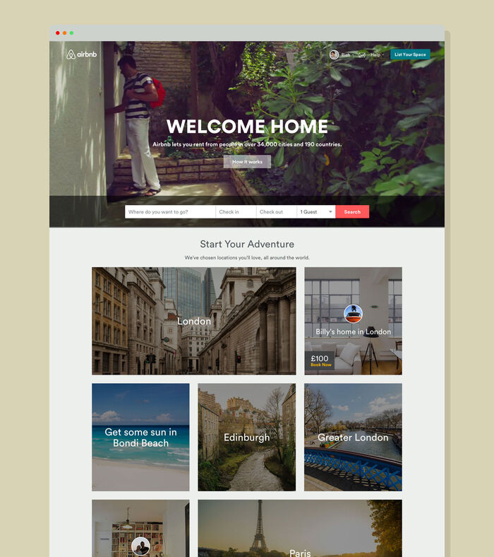 Aribnb homepage.