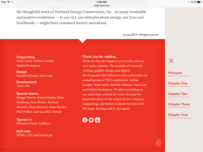 Footer using Neue Helvetica for headers and Vollkorn for copy
