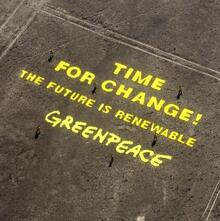 “Time for Change! The Future is Renewable” Greenpeace message in Nazca, Peru