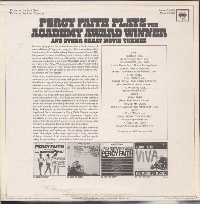 Percy Faith – Percy Faith Plays The Academy Award Winner Born Free And Other Great Movie Themes album art 2