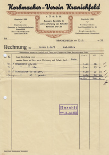 Korbmacher-Verein Kranichfeld invoice, 1939