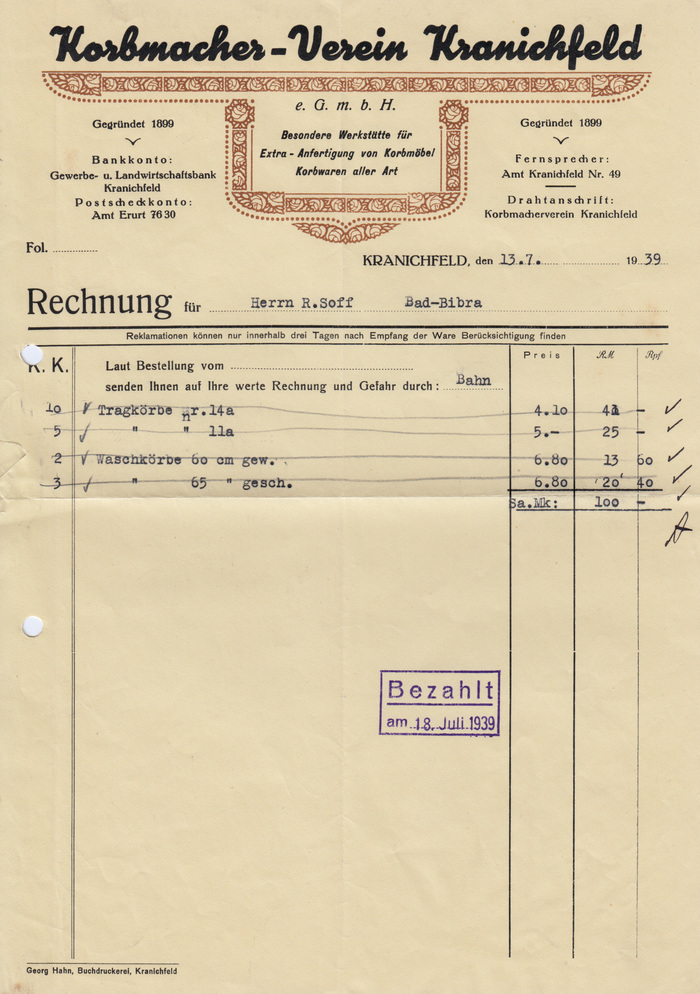 Korbmacher-Verein Kranichfeld invoice, 1939 1