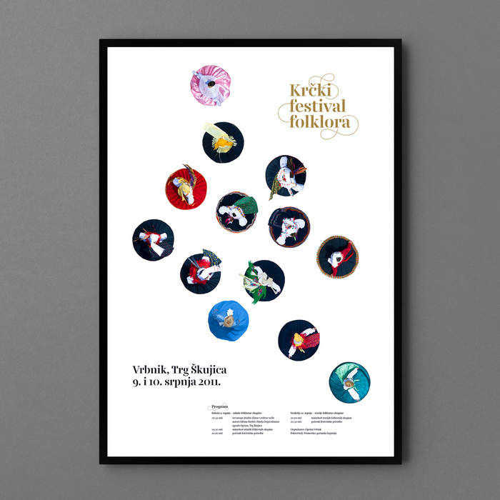 “Poster — There are thirteen different folk groups participating in the festival. On the poster, each one is represented with their characteristic dress, photographed from above while the dancer was spinning. The positioning of the dancers is not random — each is positioned relative to their geographic location on the island.”