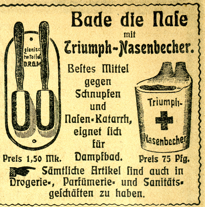 Detail: “Bathe the nose with the Triumph nose cup. Best remedy for colds and nasal catarrh, suitable for steam bath.”