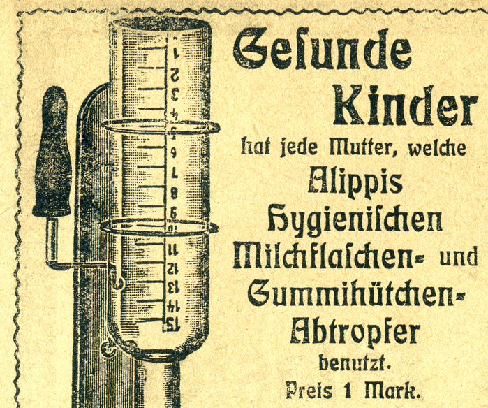 Detail: “Healthy children has every mother who uses Alippi’s Hygienic Milk Bottle and Rubber Cup Dripper.”
