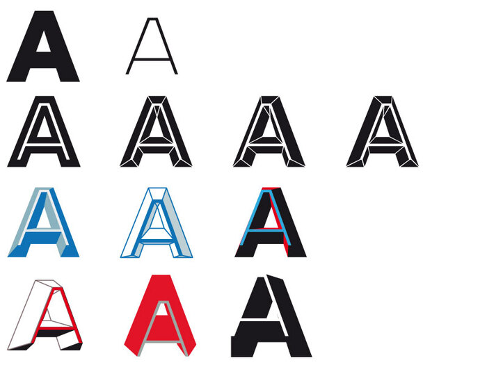 Ruedi Baur layered dimension and perspective onto a customized version of Typotheque’s Irma, echoing the faceted glass of the Center’s perimeter stairs.&nbsp;