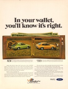 Ford Pinto ad: “In your wallet, you’ll know it’s right”