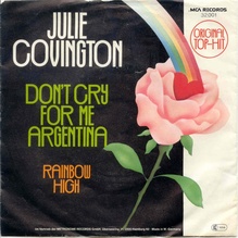 Julie Covington – “Don’t Cry For Me Argentina” / “Rainbow High” single cover