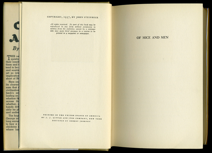 Printed in the United States of America by J.J. Little and Ives Company, New York. Robert Josephy is credited as the&nbsp;designer. It is unclear whether he is responsible for the interior only, or also for the jacket.