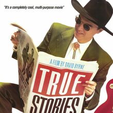 <cite>True Stories</cite> movie poster, titles, album art