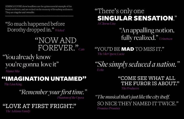 SERINO/COYNE show headlines are the quintessential example of the

brand attributes, and are etched on the memory of Broadway audiences.

They are singular and ownable.