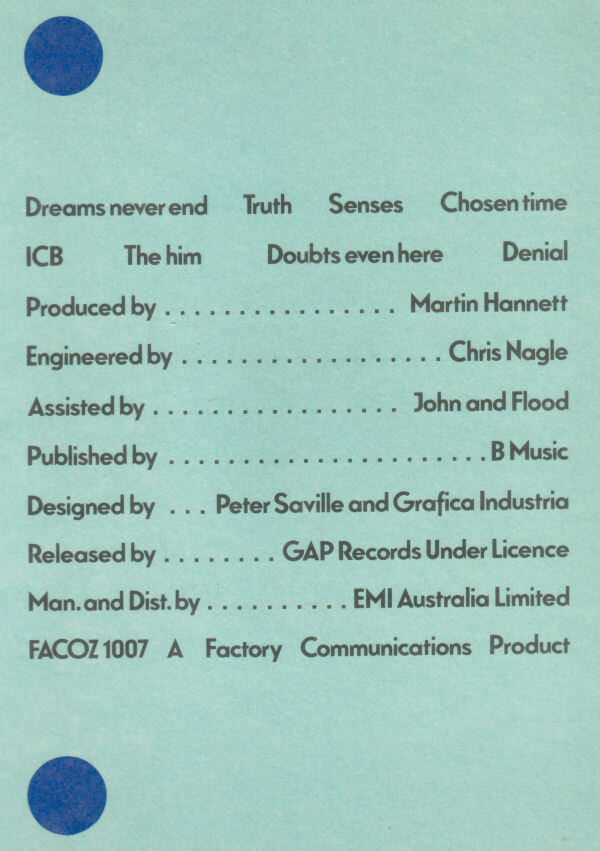 Back cover from EMI Australia release.